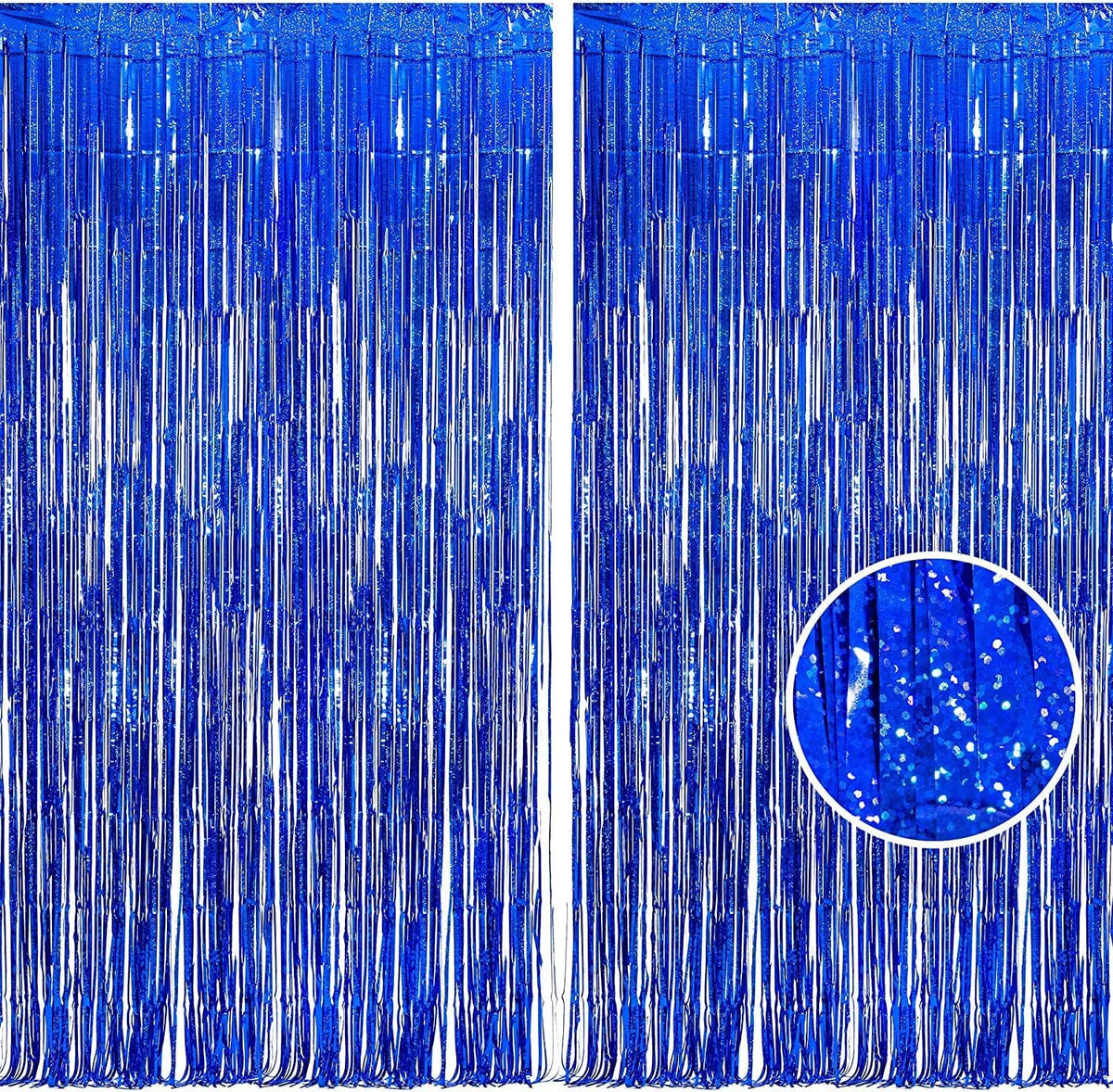 BRAVESHINE Blue Tinsel Foil Fringe Curtains - 2Pcs 3.2x8.2 ft Metallic Holidays Photo Backdrop for