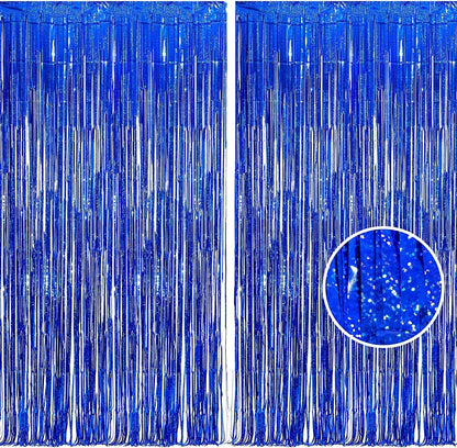 BRAVESHINE Blue Tinsel Foil Fringe Curtains - 2Pcs 3.2x8.2 ft Metallic Holidays Photo Backdrop for