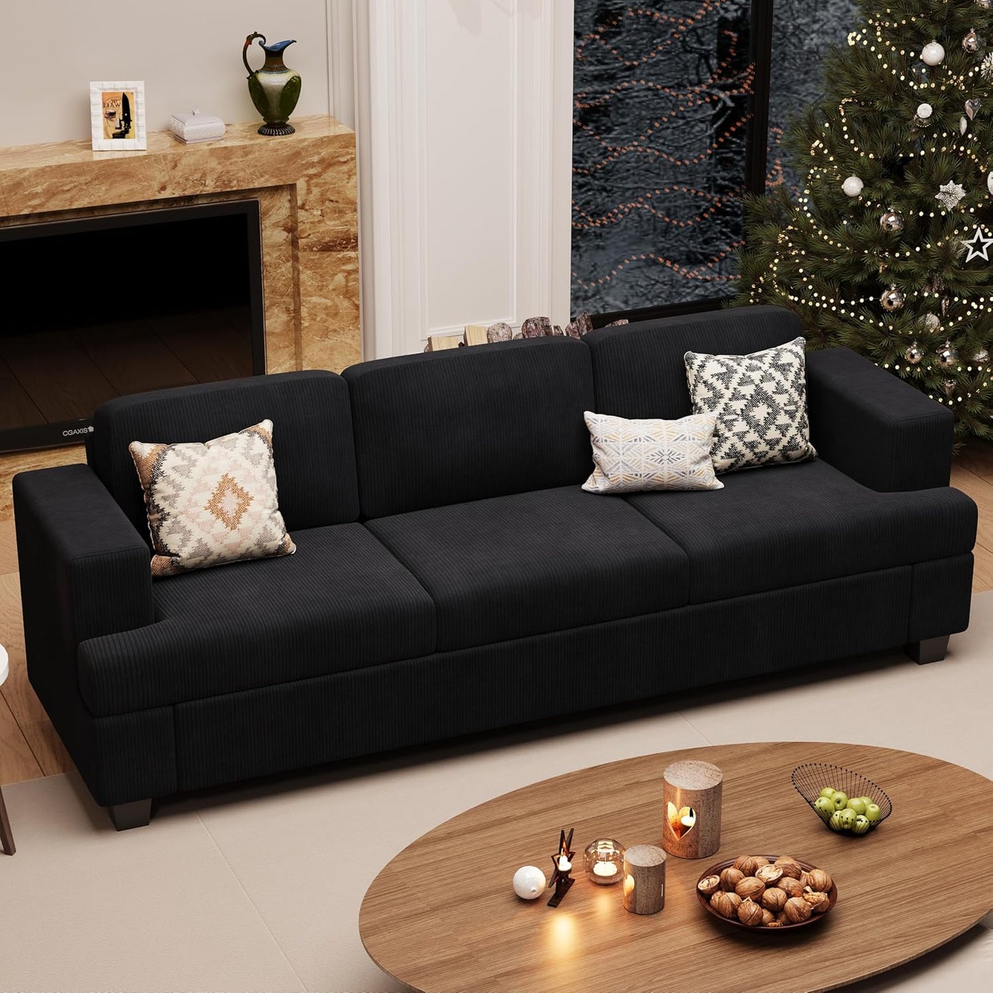 3 Seater Corduroy Couch for Living Room, 89” Black Cloud Sofa, Deep Seat Floor Couch for Bedroom