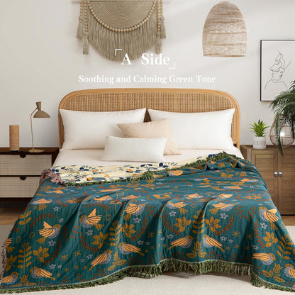Boho Throw Blanket Twin Size, Soft Cozy Cotton Muslin Quilt Blanket for Bed Decor, Bird Patterned