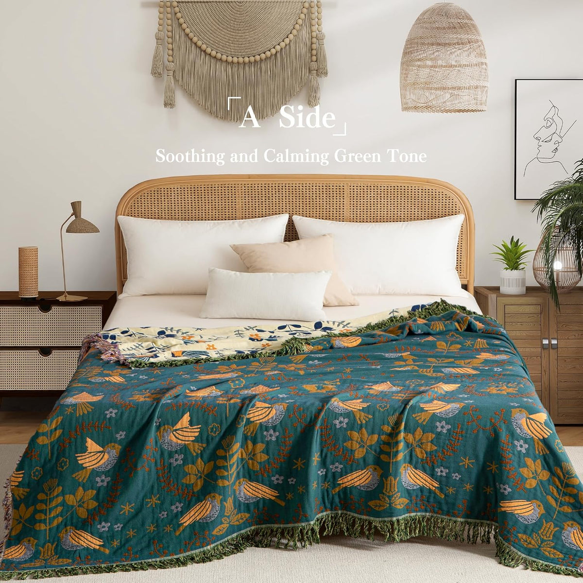 Boho Throw Blanket Queen Size, Oversized Soft Cozy Cotton Muslin Quilt Blanket for Bed Decor, Bird