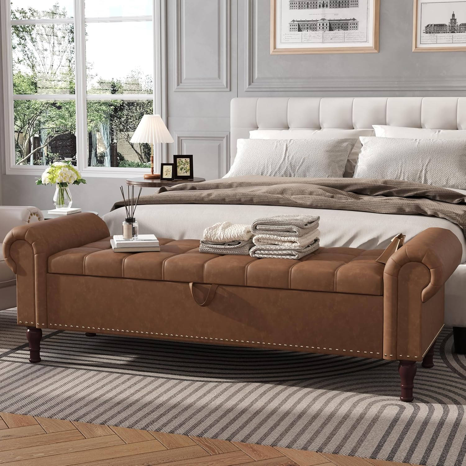Apicizon 60”Ottoman with Storage, Queen Size End of Bed Storage Bench with Tufted Button
