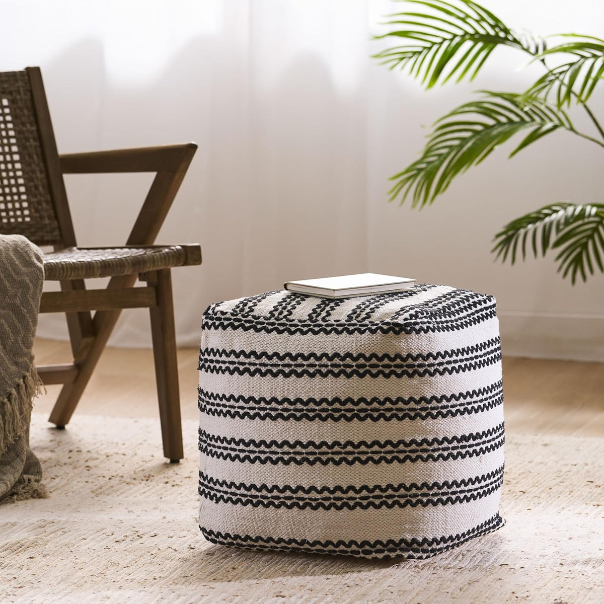 GDFStudio Boho Handmade Fabric Cube Pouf Ottoman Foot Stool - Bean Bag Floor Chair - Foot Rest