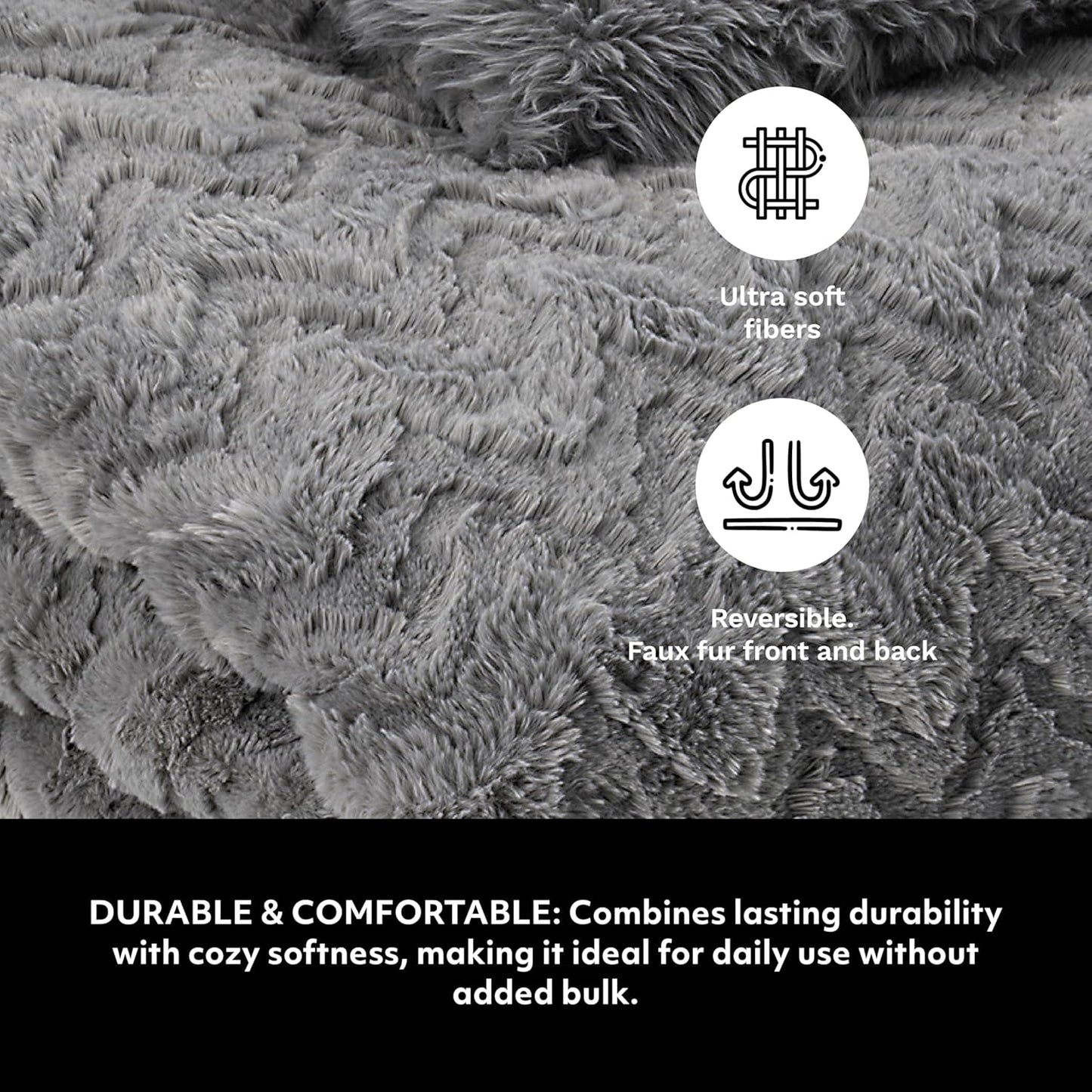 Mon Chateau Grey 3D Jacquard Faux Fur Throw, Plush Luxury Blanket for Couch, Sofa, or Bed, Soft