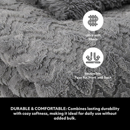 Mon Chateau Grey 3D Jacquard Faux Fur Throw, Plush Luxury Blanket for Couch, Sofa, or Bed, Soft