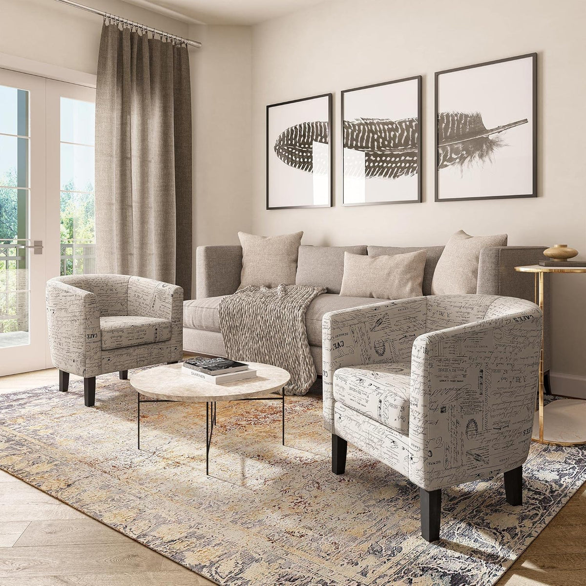 BELLEZE Accent Barrel Chair, Linen Round Chair Club Tub Sofa Corner Chair with Flared Legs and Cozy