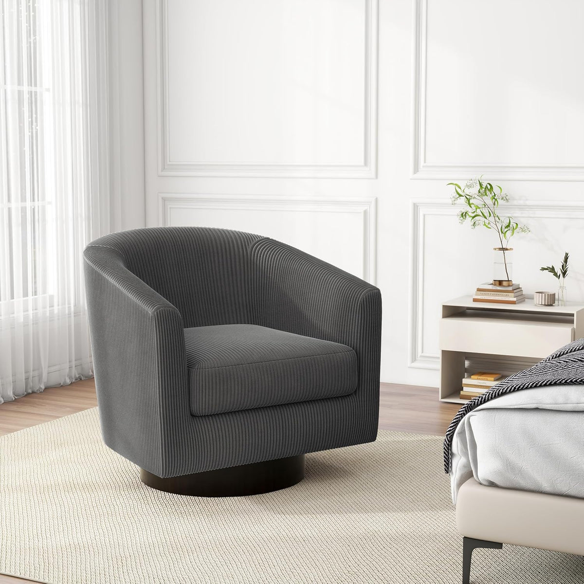Swivel Barrel Accent Chair, Modern Round Corduroy Fabric Arm Chair for Living Room, Bedroom, Comfy