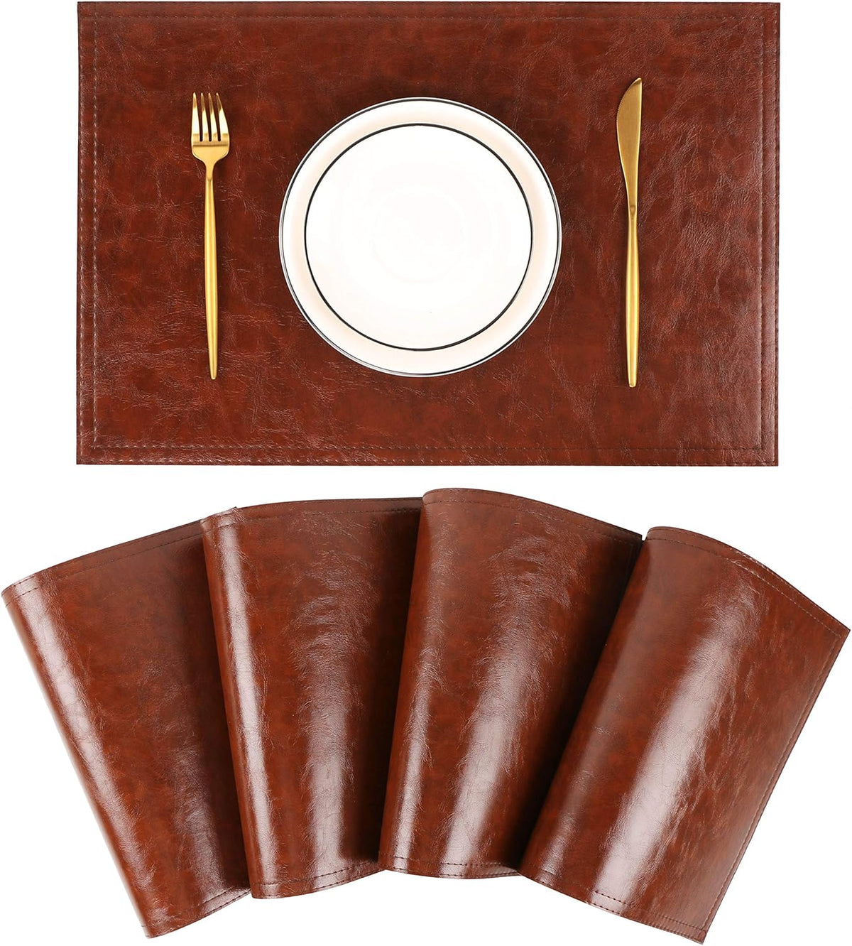 Waterproof PU Placemats, Faux Leather Dining Table Mat, Set of 4, Easy to Wipe Off Scrub Vinyl Mat