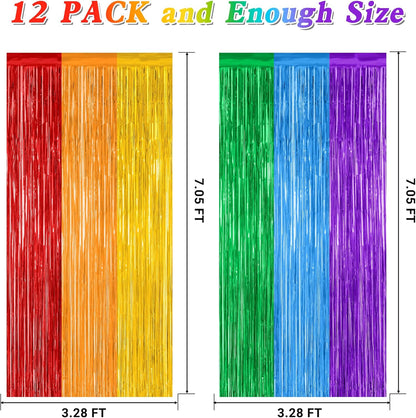 12 Pack Rainbow Backdrop, 3.28 FT x 7.05 FT Pride Decorations, Metallic Fringe Curtains Party