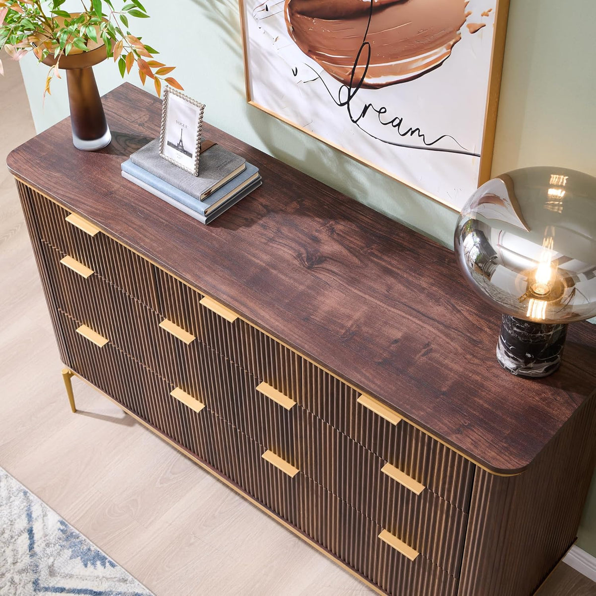T4TREAM Fluted 7 Drawers Dresser for Bedroom, 54" Wide Modern Dresser TV Stand, Gold Accents