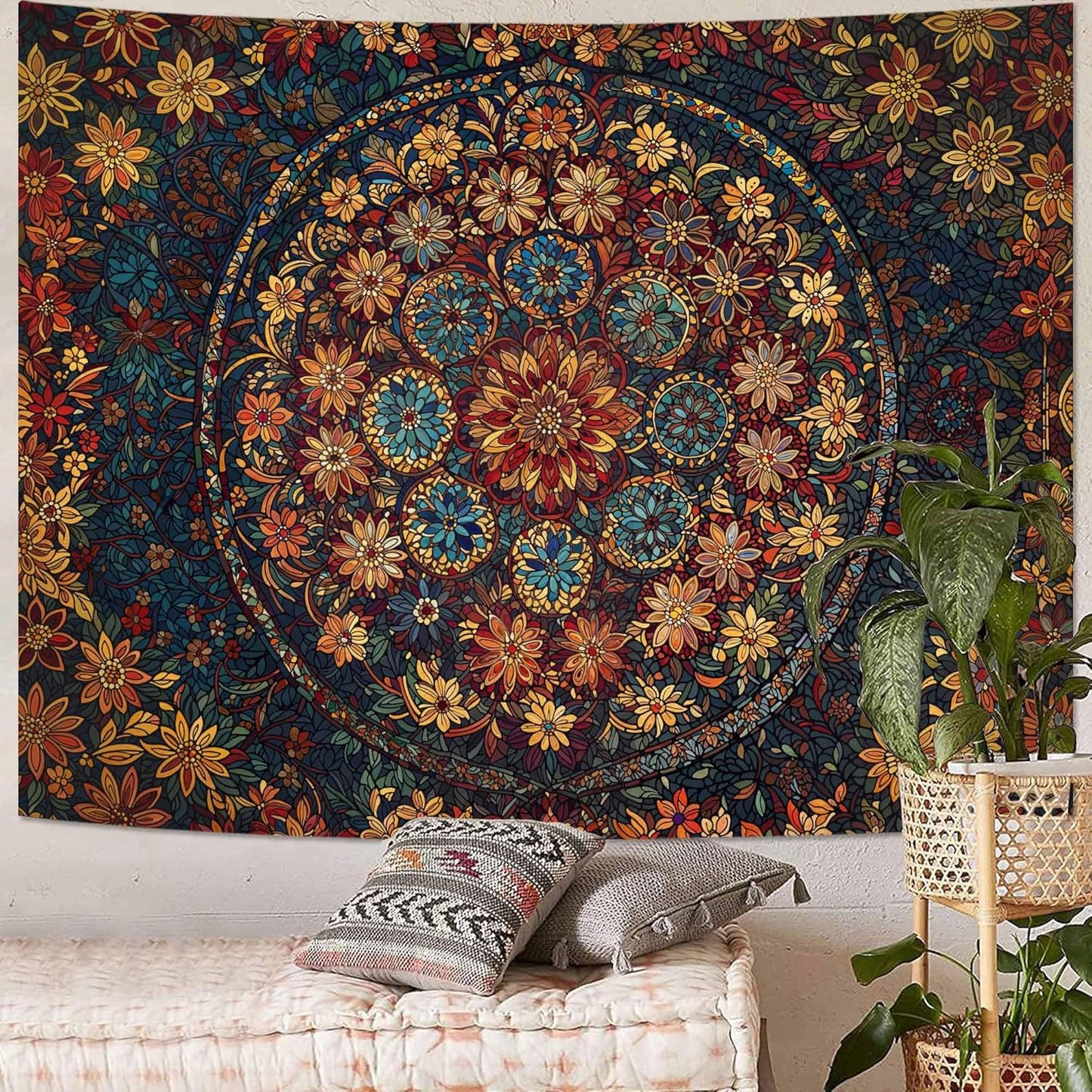 Fowocu Boho Floral Mandala Tapestry Wall Hanging Vintage Bohemian Flower Medallion Tapestry