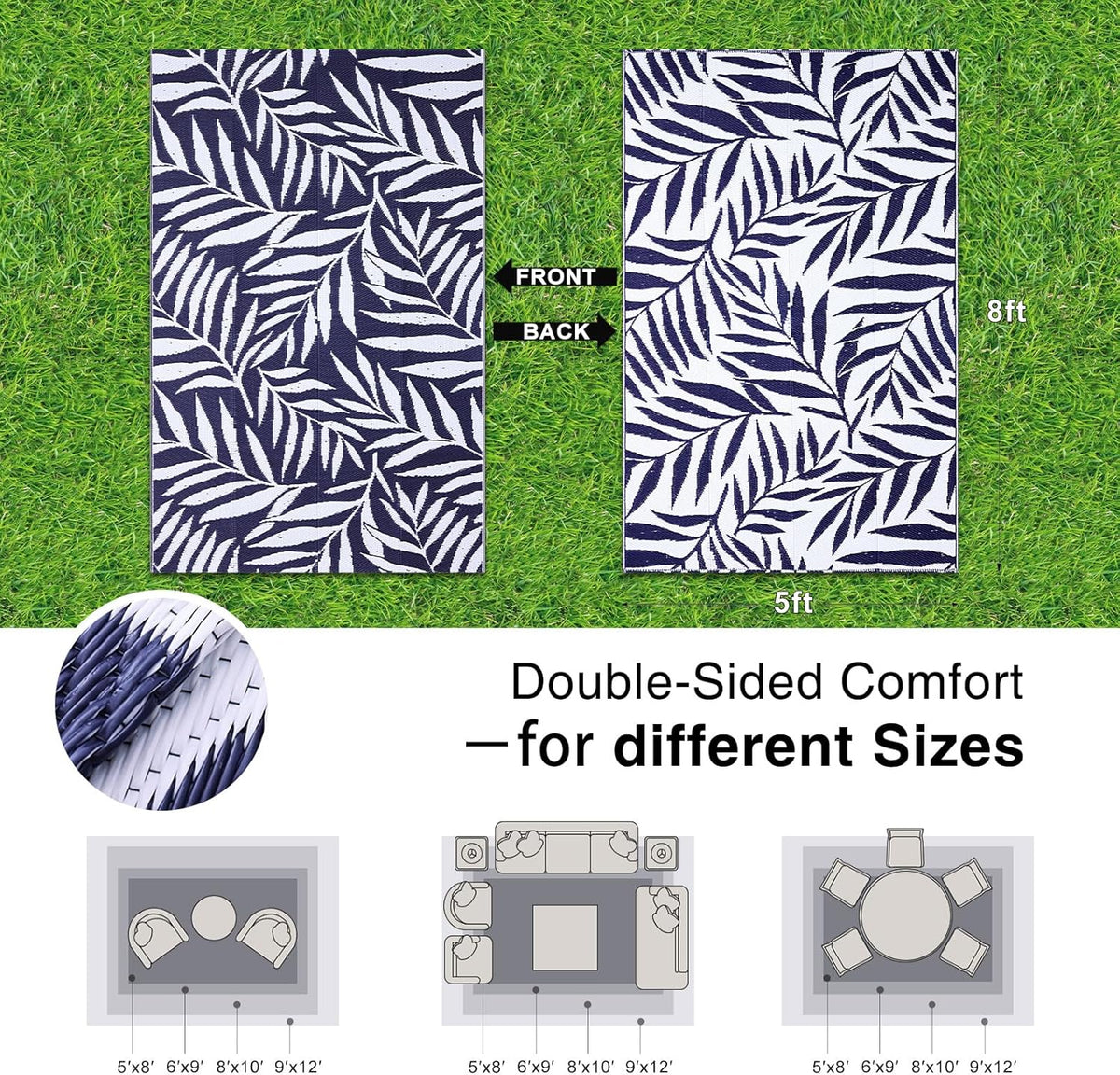 OLANLY Waterproof Outdoor Rug 5x8 ft, Reversible Outdoor Plastic Straw Rug with Leaf Pattern, RV