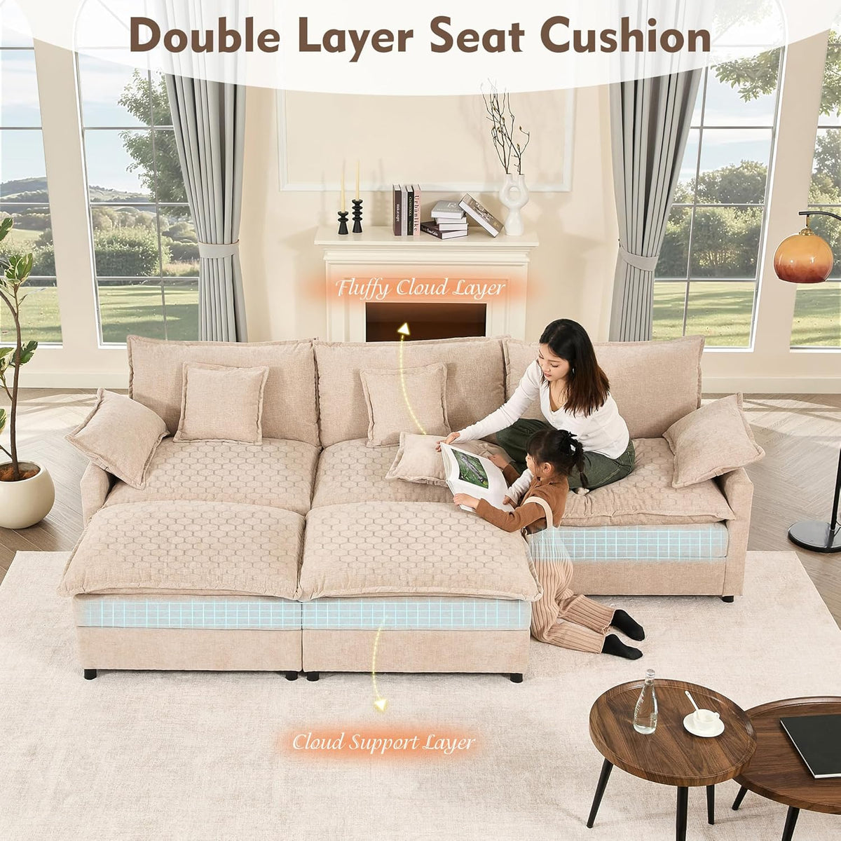 108" U Shaped Couch, Modular Sectional Sofa, 3-Seater Comfy Cloud Couch with Movable Ottoman, Deep
