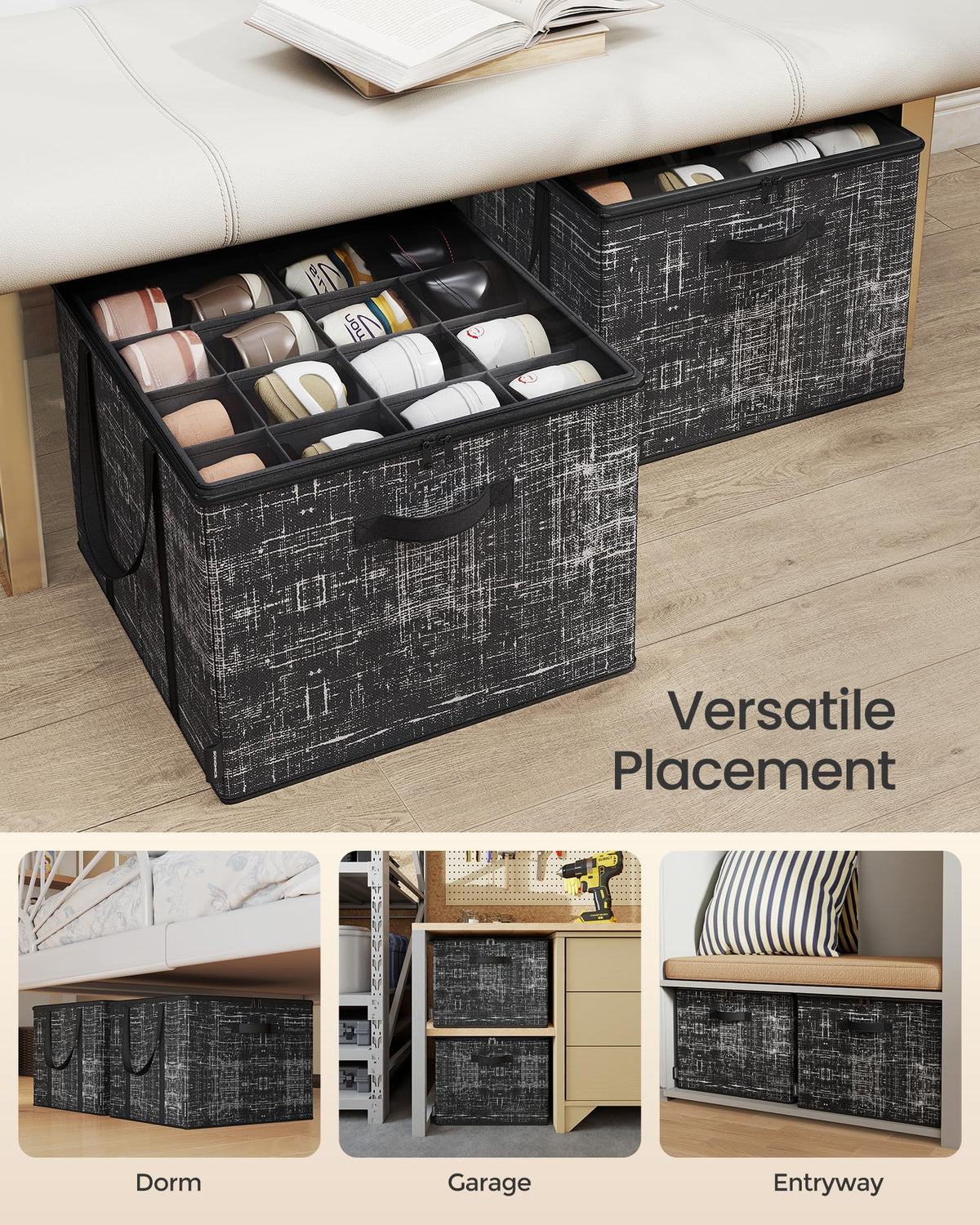 SONGMICS Shoe Organizer for Closet, Set of 2, Shoe Storage Box with Clear Lid, Foldable Fabric