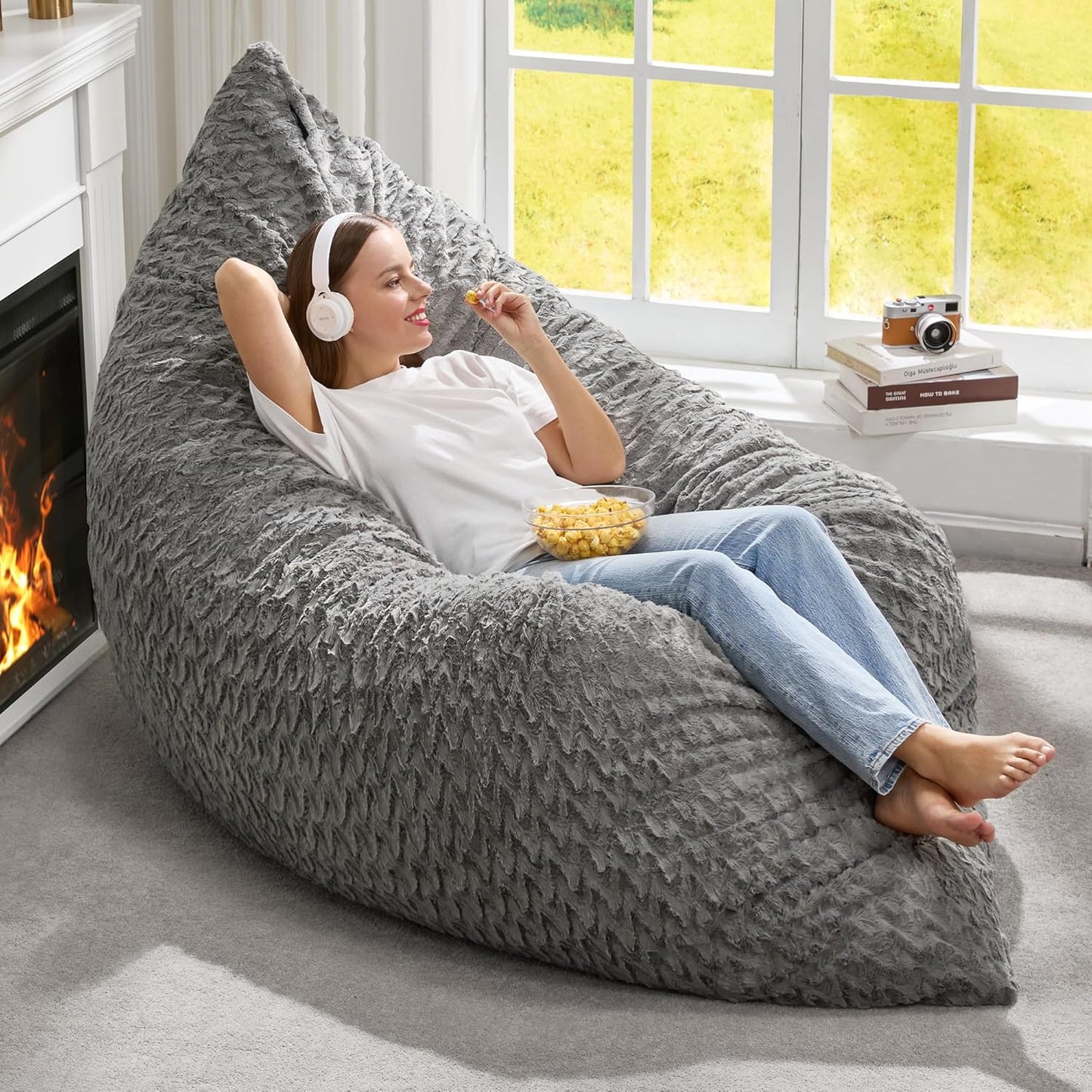 Hobestluk 3 in 1 Bean Bag Chair Giant Bean Bag Chairs for Adults with Chevron Plush Fur Cover