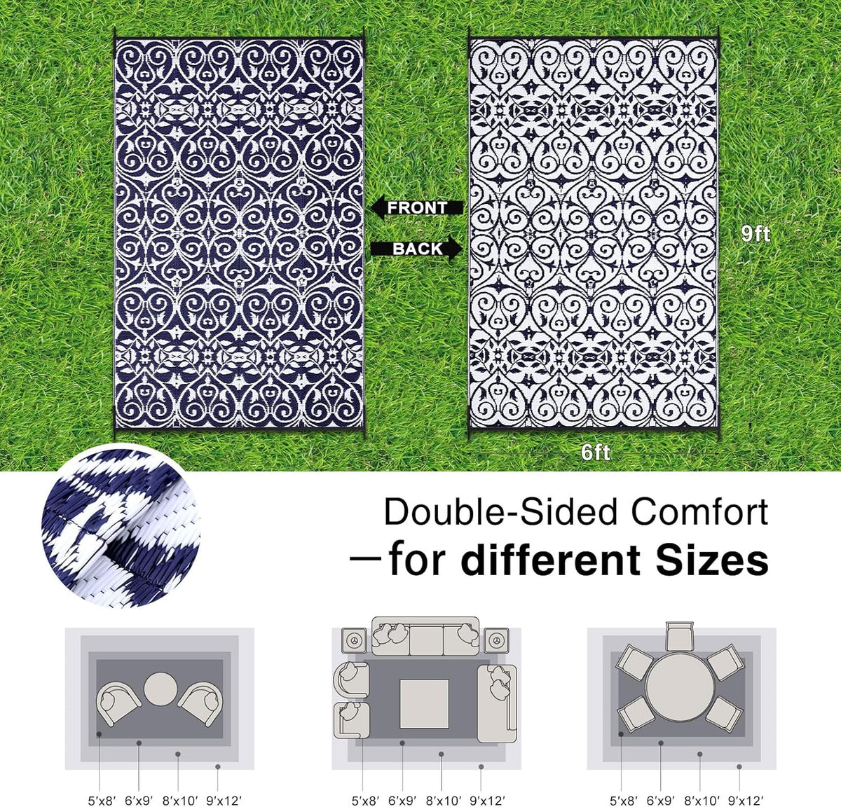 OLANLY Outdoor Rug Waterproof 6x9 ft Clearance, Reversible Outdoor Plastic Straw Rug with Floral