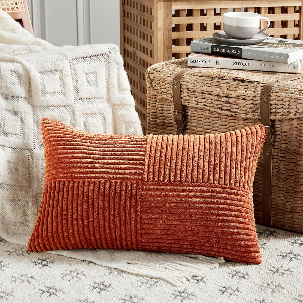 Fancy Homi Set of 2 Burnt Orange Long Lumbar Decorative Throw Pillow Covers 14x24 Inch for Living