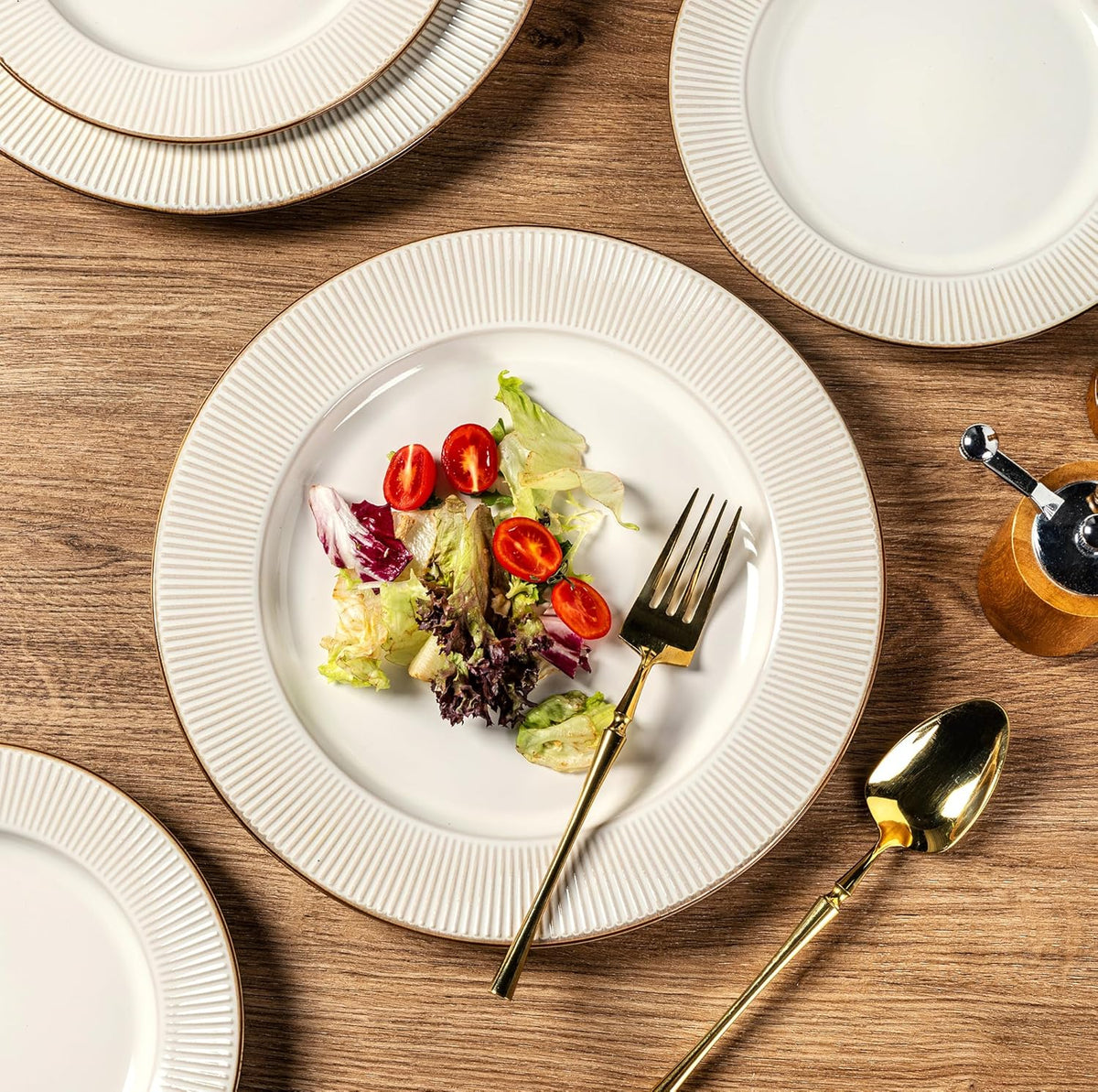 GBHOME Ceramic Dinnerware Sets,12 pcs Embossed Elegant Stoneware Plates and Bowls Sets