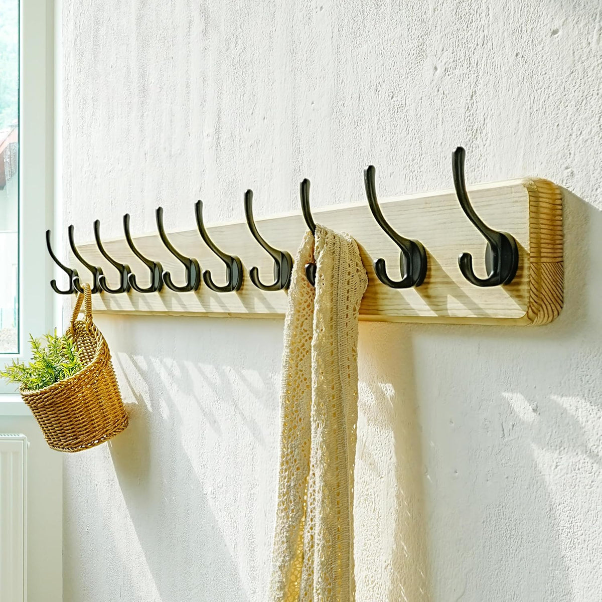 Dseap Coat Rack Wall: 38-1/4" Long, Patented, Heavy-Duty, 10-Double-Hooks Wooden Wall Mounted Coat