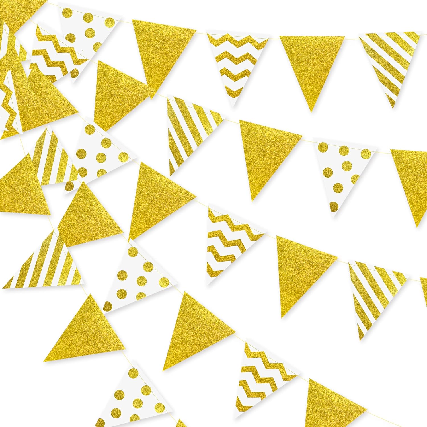 39Ft White and Gold Party Decorations Polka Dot Stripe Triangle Pennant Banner Glitter Foil Paper