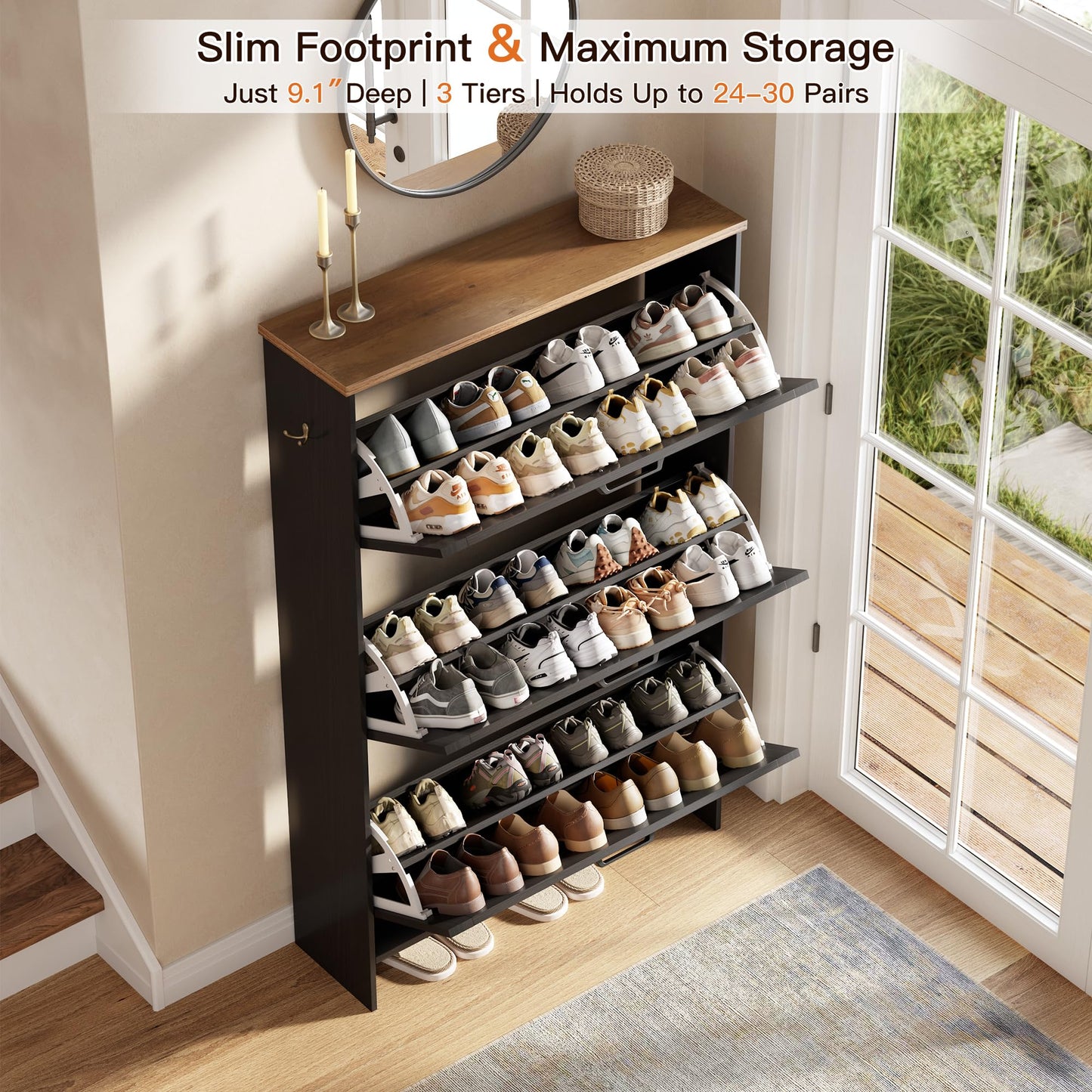 Nicetree Shoe Storage Cabinet for Entryway, 9.1" Ultra Slim 3-Drawer Flip Shoe Cabinet, Modern