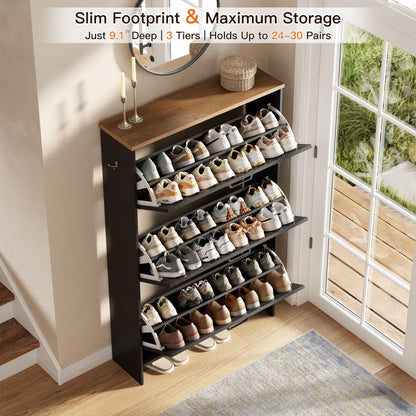Nicetree Shoe Storage Cabinet for Entryway, 9.1" Ultra Slim 3-Drawer Flip Shoe Cabinet, Modern