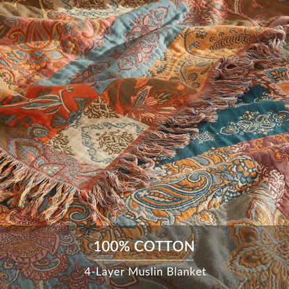 Boho Throw Blanket for Couch Sofa Bed, 100% Cotton Woven Quilt with Tassel 60”x80”, Super Soft