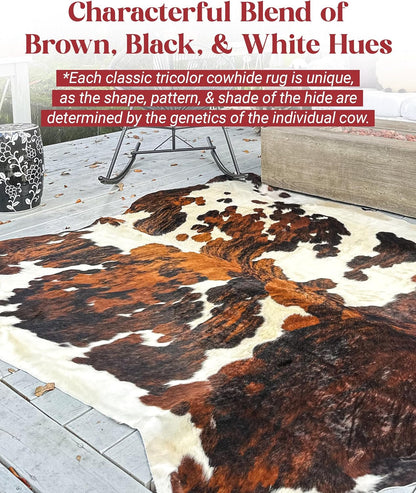 Tricolor Cowhide Rug Classic Brown, Black and White Color Mix, Natural Leather Hide, Area Rug (5x7