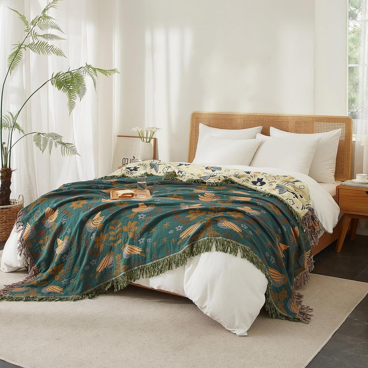 Boho Throw Blanket for Bed 90”x98”, 100% Cotton Woven Blanket for Couch Sofa, Ultra Soft 4-Layer