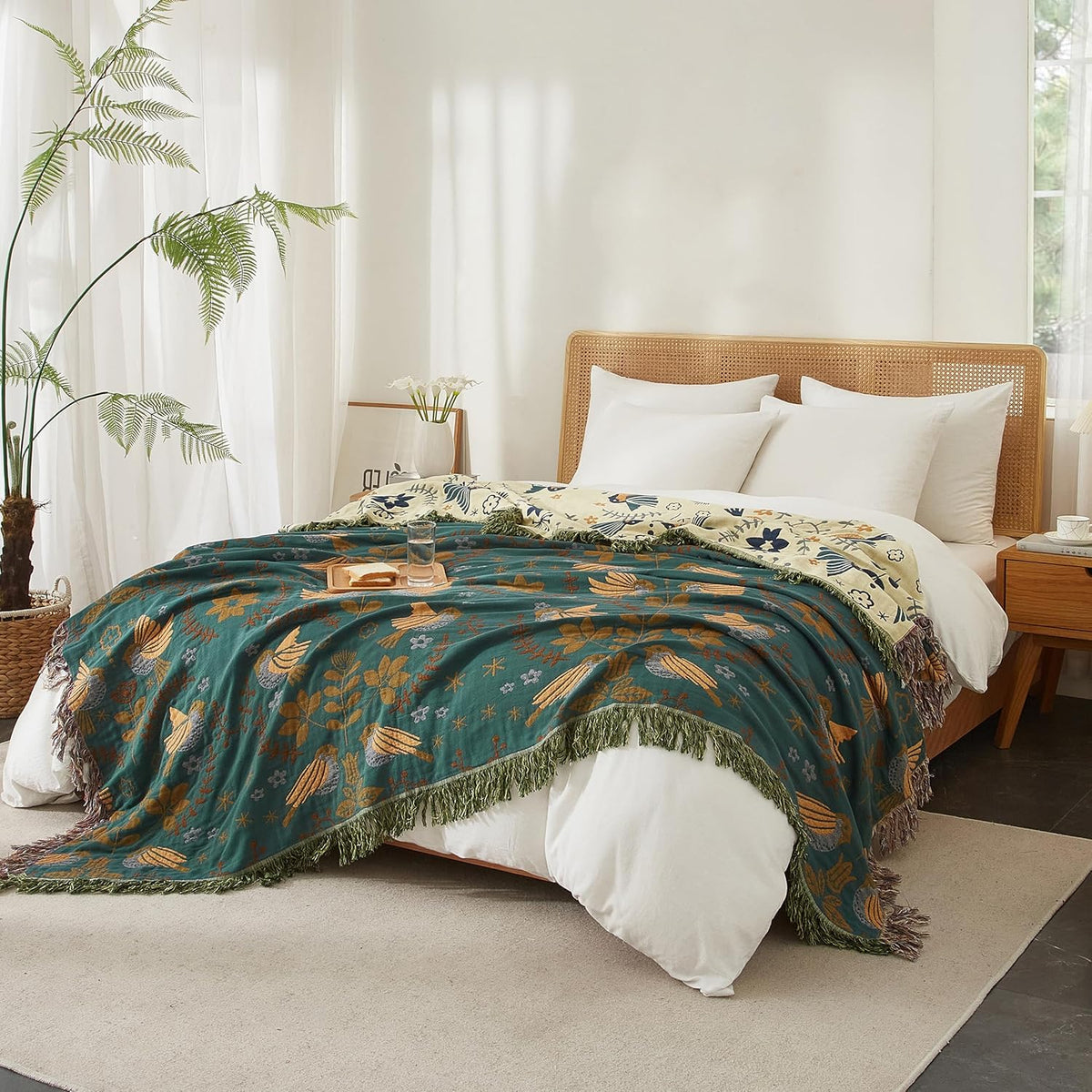 Boho Throw Blanket for Bed 90”x98”, 100% Cotton Woven Blanket for Couch Sofa, Ultra Soft 4-Layer