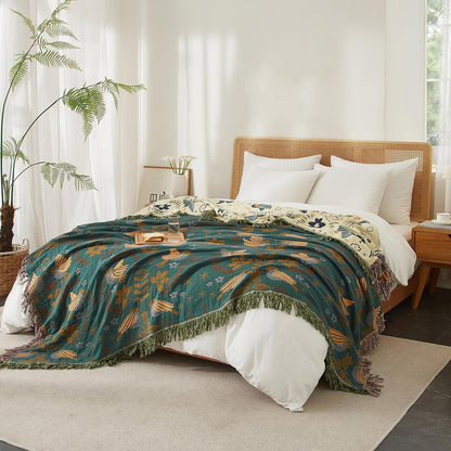 Boho Throw Blanket for Bed 90”x98”, 100% Cotton Woven Blanket for Couch Sofa, Ultra Soft 4-Layer