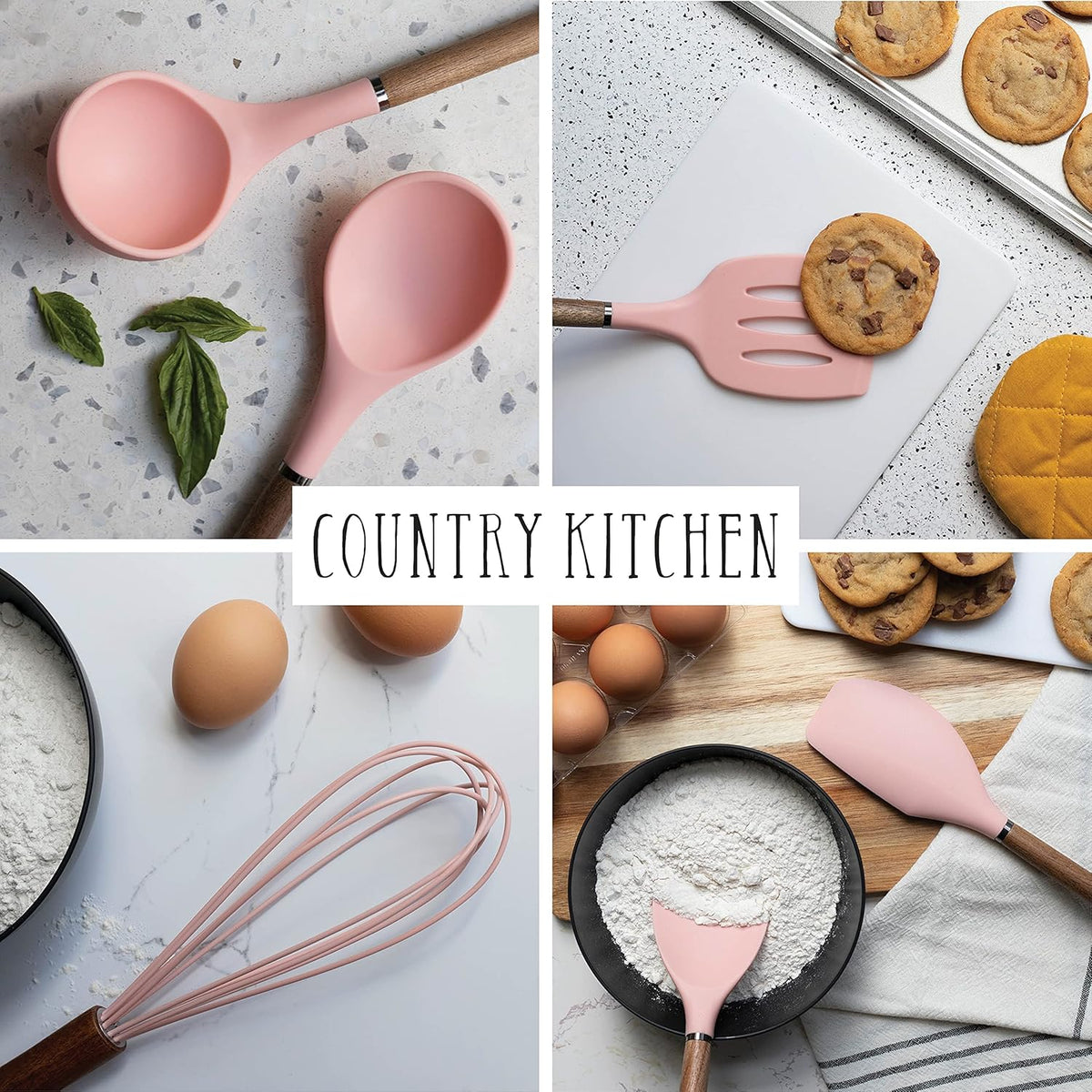 Country Kitchen Non Stick Silicone Utensil Set with Rounded Wood Handles for Cooking and Baking, 8