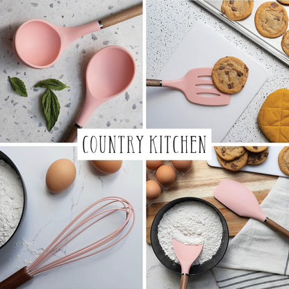Country Kitchen Non Stick Silicone Utensil Set with Rounded Wood Handles for Cooking and Baking, 8