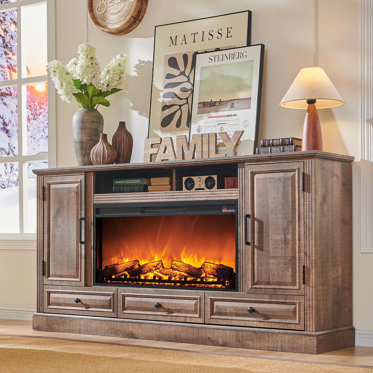 Fireplace TV Stand for 80 Inch TV, 35.7" Tall Farmhouse Entertainment Center W/36'' Electric