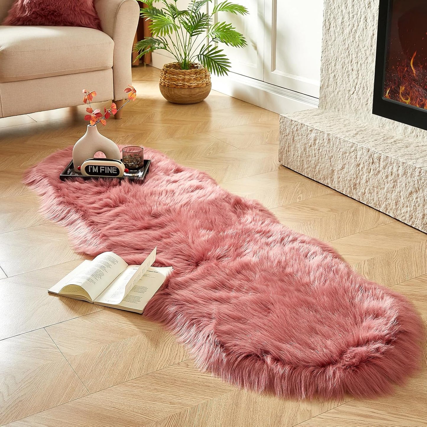 AMTOVO Faux Sheepskin Rug, Blush Pink Ultra Soft Fluffy Shag Area Rug, 2 x 6 ft Faux Fur Rug for