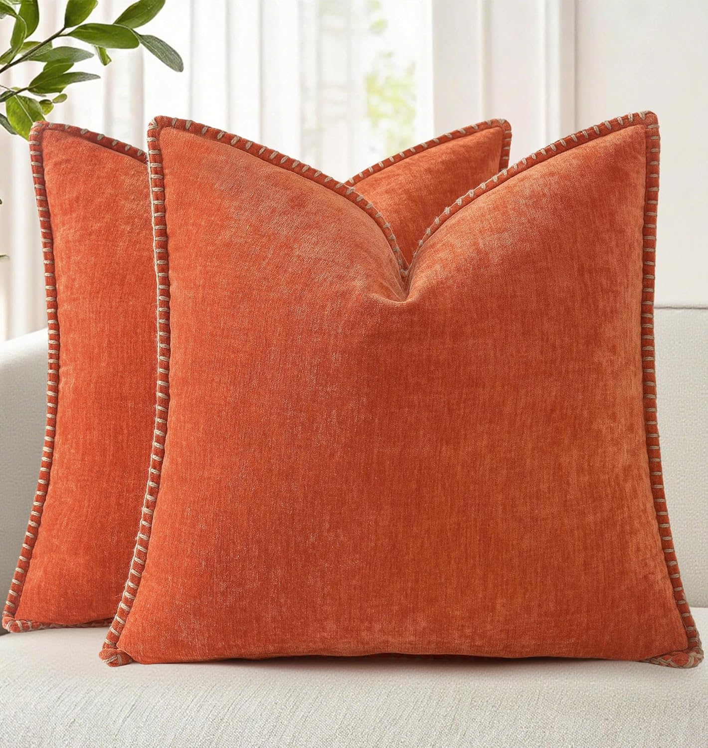 decorUhome Fall Chenille Soft Throw Pillow Covers 16x16 Set of 2, Farmhouse Velvet Neutral