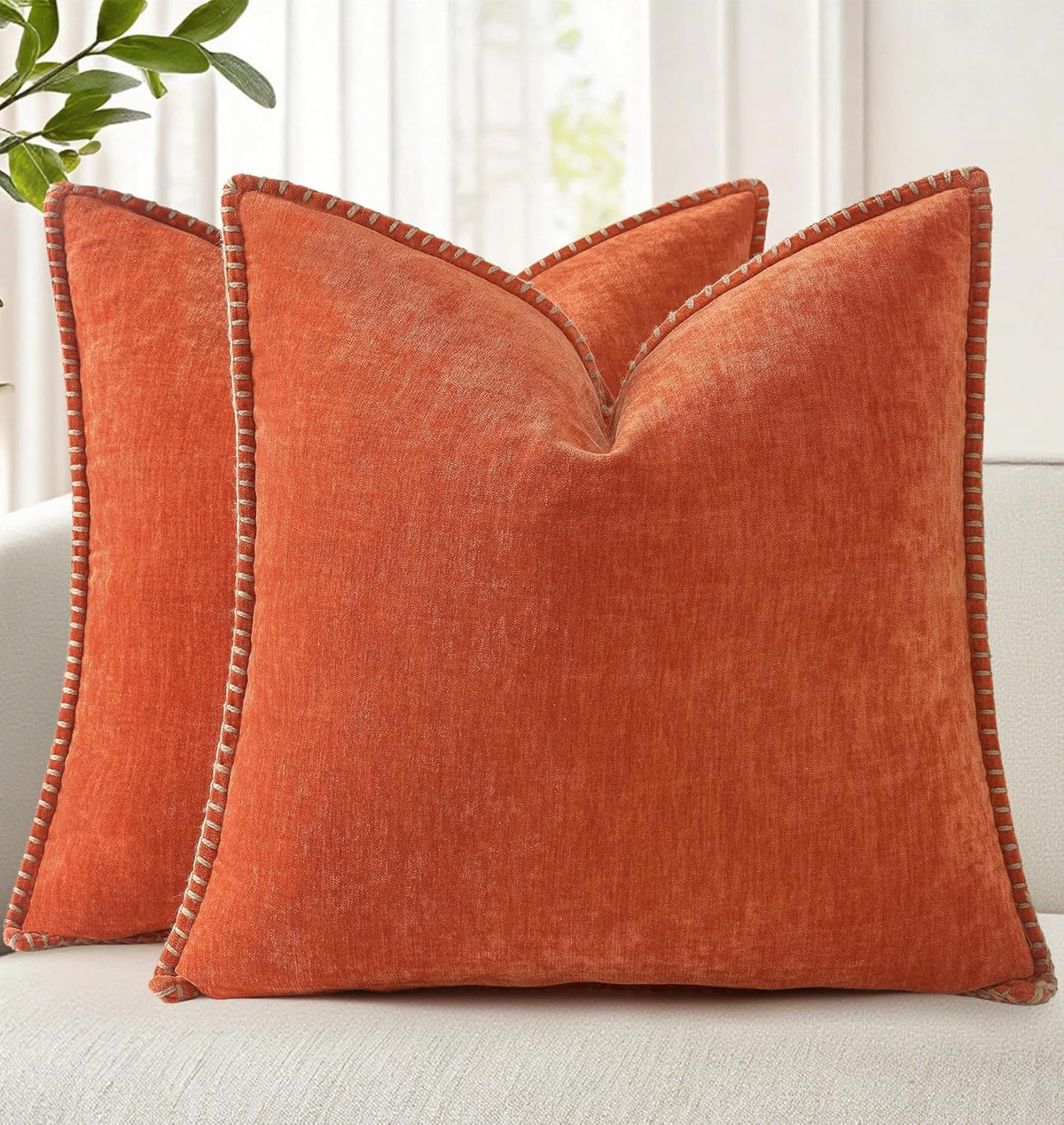 decorUhome Fall Chenille Soft Throw Pillow Covers 22x22 Set of 2, Farmhouse Velvet Neutral
