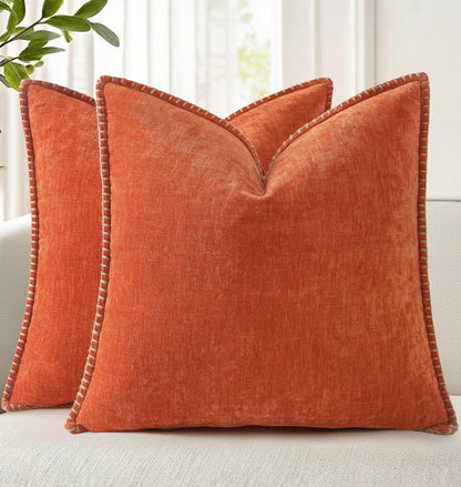 decorUhome Fall Chenille Soft Throw Pillow Covers 18x18 Set of 2, Farmhouse Velvet Neutral