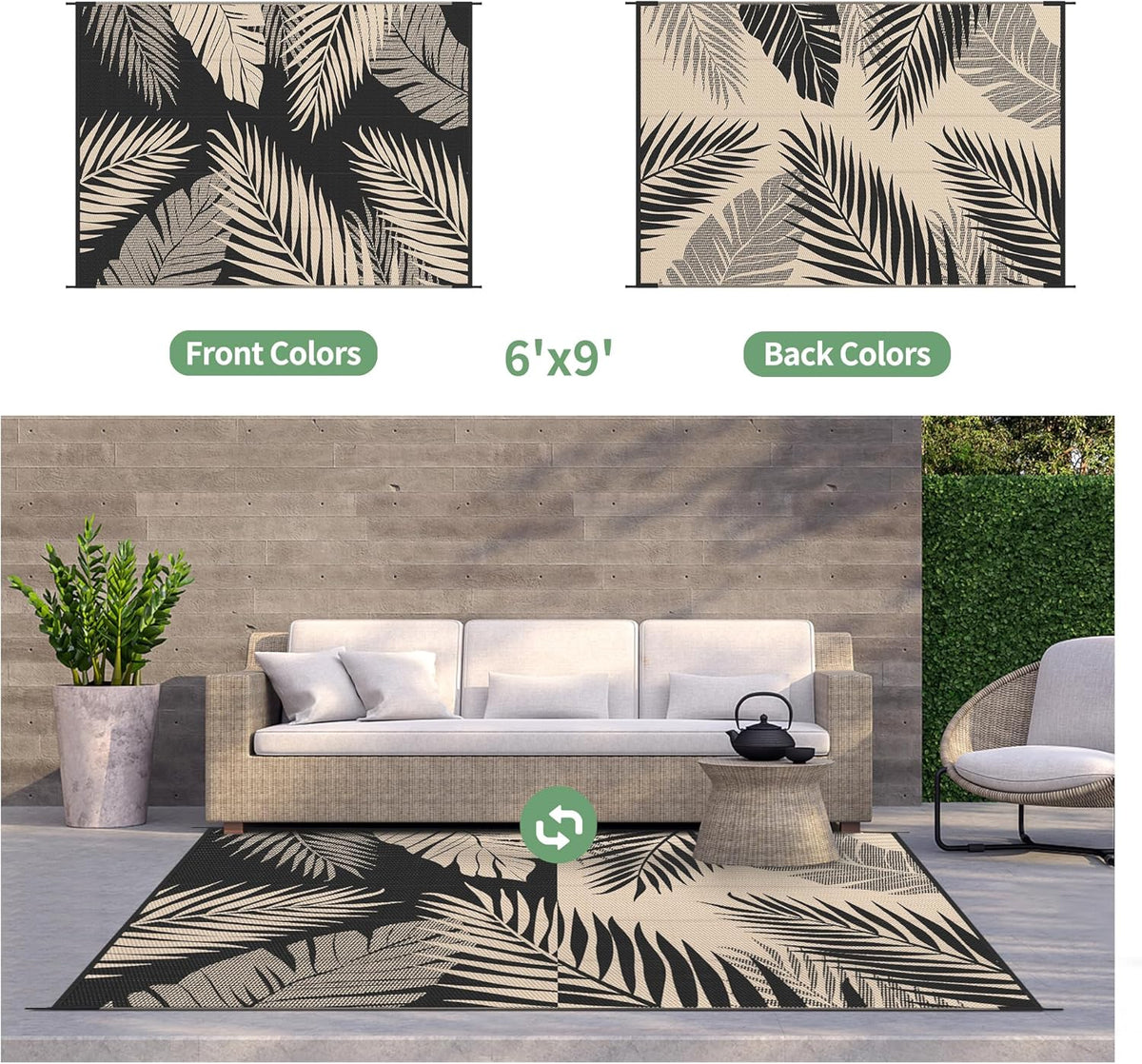 GENIMO Outdoor Rug 6' x 9' Waterproof for Patios Clearance, Reversible Outdoor Plastic Straw