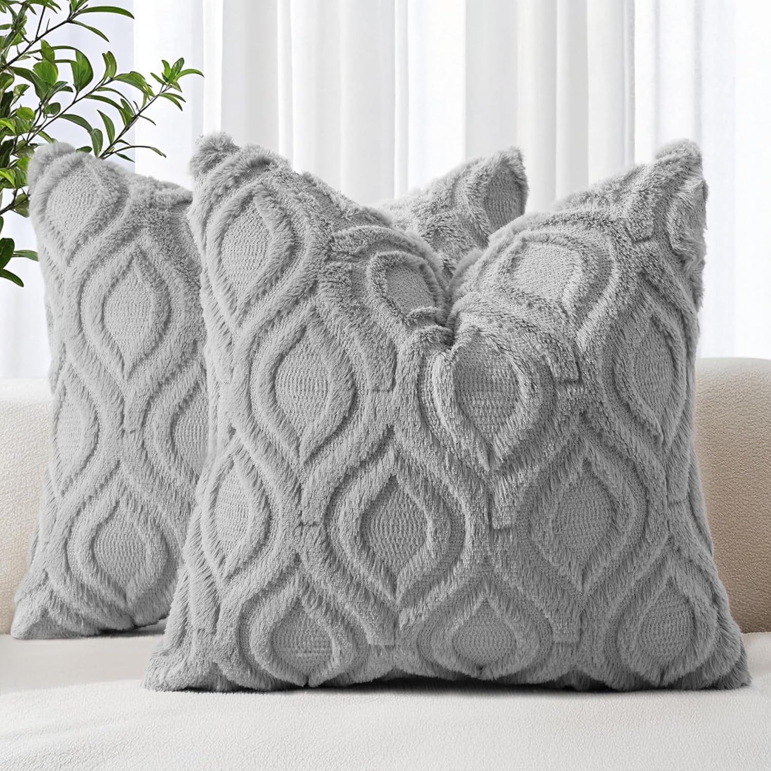 decorUhome Fall Throw Pillow Covers 20x20 Inch Set of 2, Soft Plush Decorative Faux Fur Grey Solid