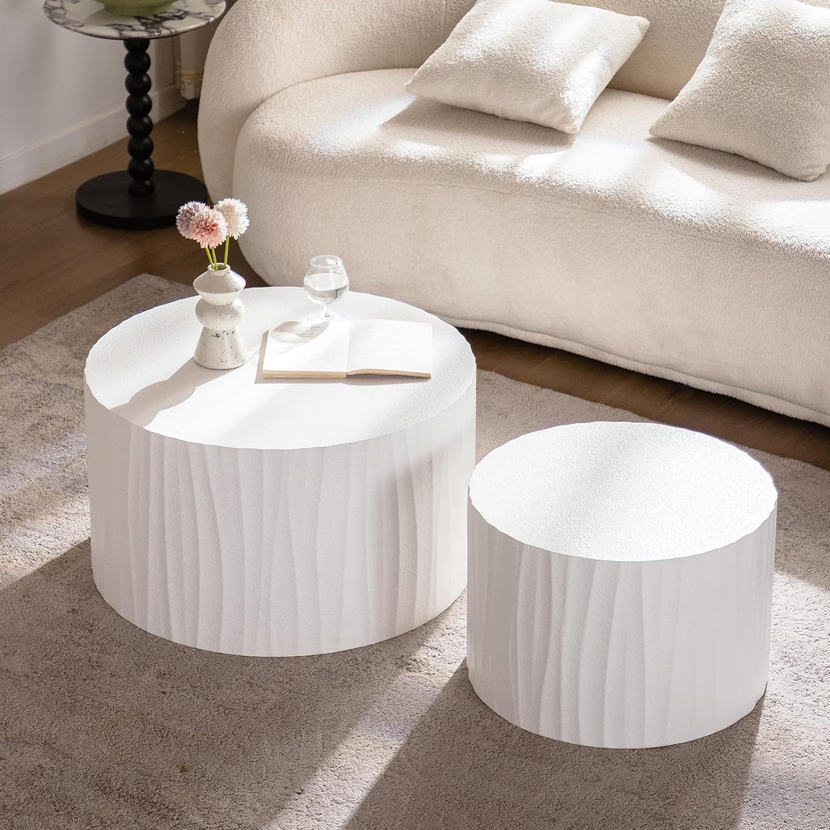 Nesting Round Coffee Table Set of 2, 26.77" (W) Circle Accent End Table with Water Ripple Pattern