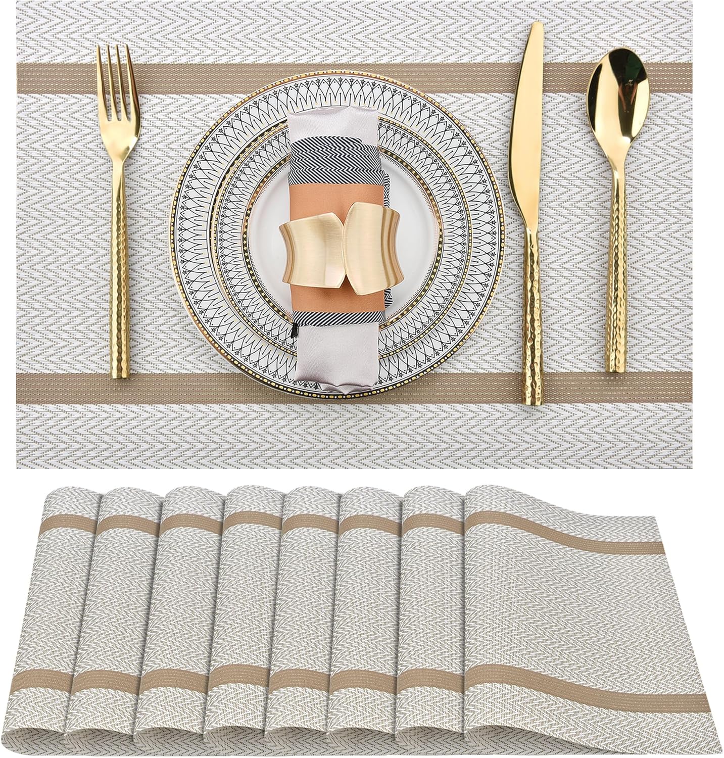 Beige White Placemats Set of 8 - Easy Clean Modern Durable Washable Vinyl Place Mats - Heat