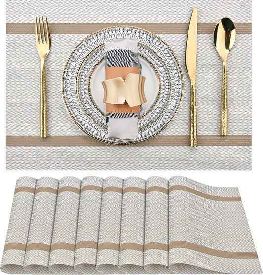 Beige White Placemats Set of 8 - Easy Clean Modern Durable Washable Vinyl Place Mats - Heat
