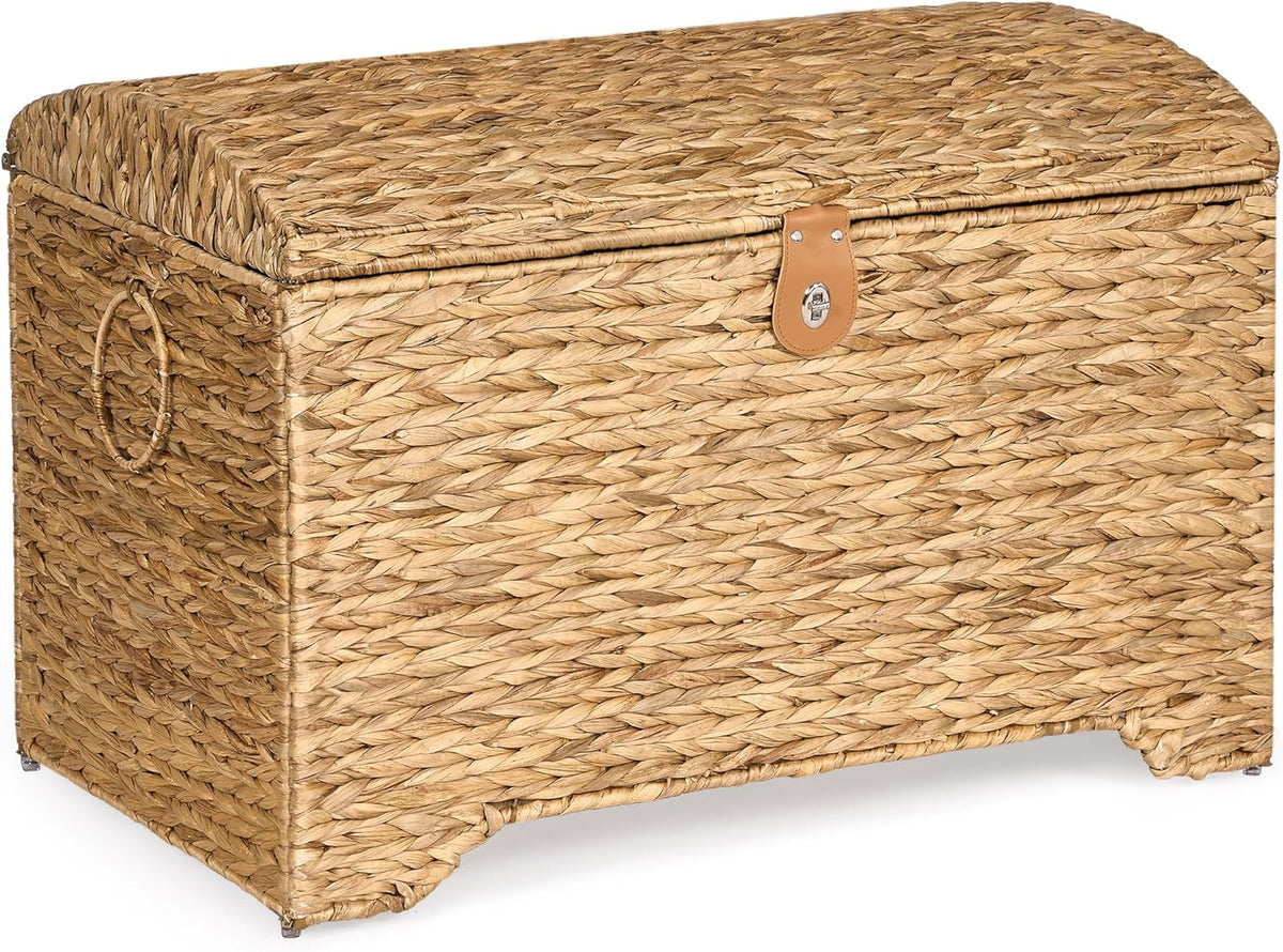 Handwoven Storage Basket with Lid, 178L Wicker Storage Bin, Natural Water Hyacinth, Leather Buckle