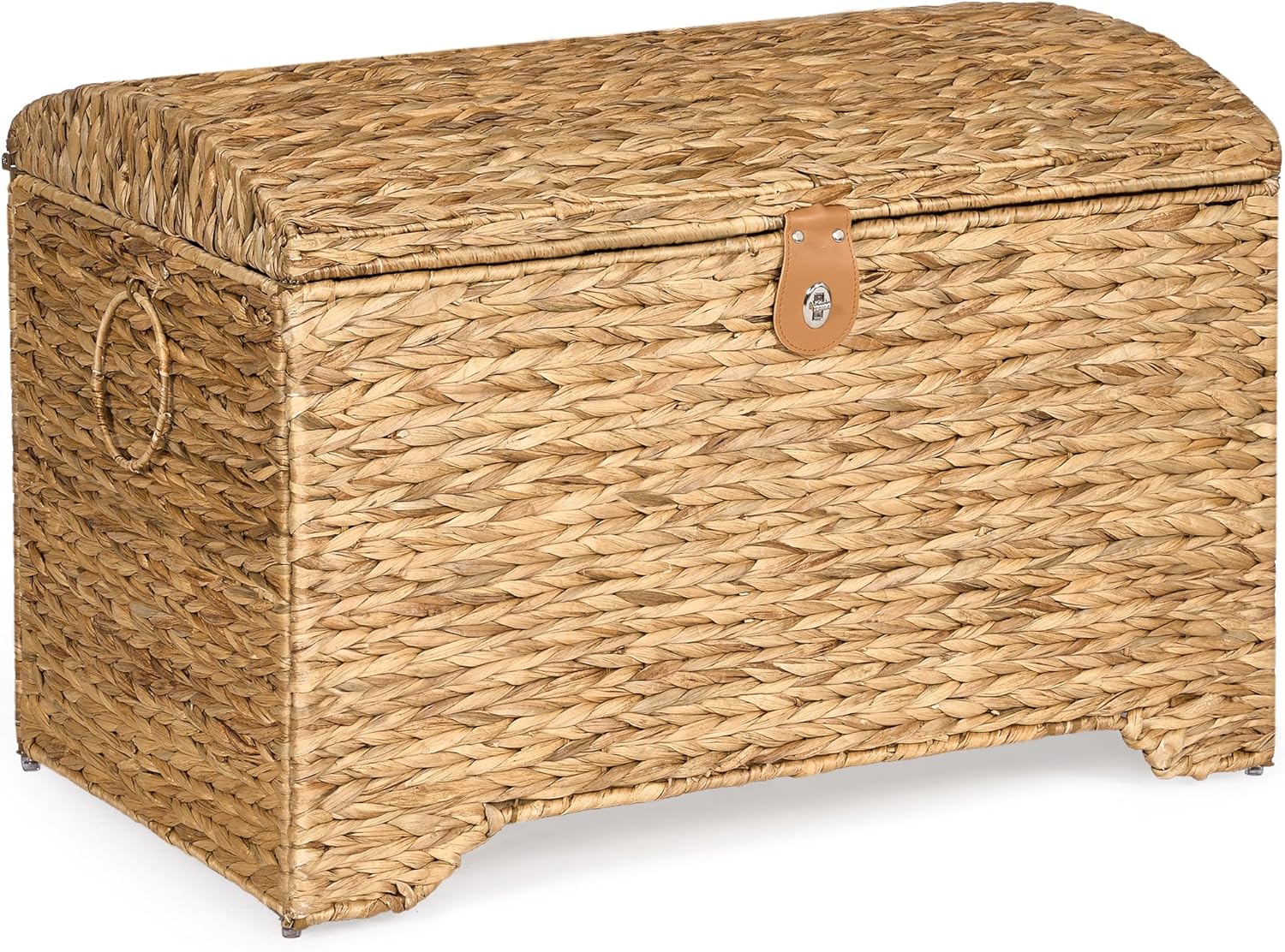 Handwoven Storage Basket with Lid, 178L Wicker Storage Bin, Natural Water Hyacinth, Leather Buckle