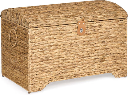 Handwoven Storage Basket with Lid, 178L Wicker Storage Bin, Natural Water Hyacinth, Leather Buckle