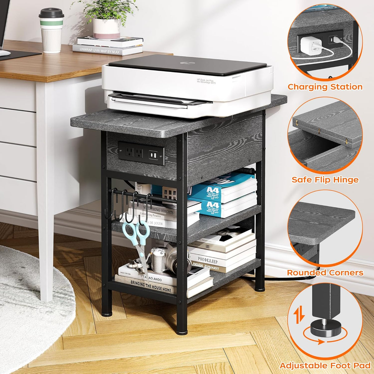 End Table with Charging Station, Flip Top Nightstand with USB Ports and Outlets,Couch Side Table