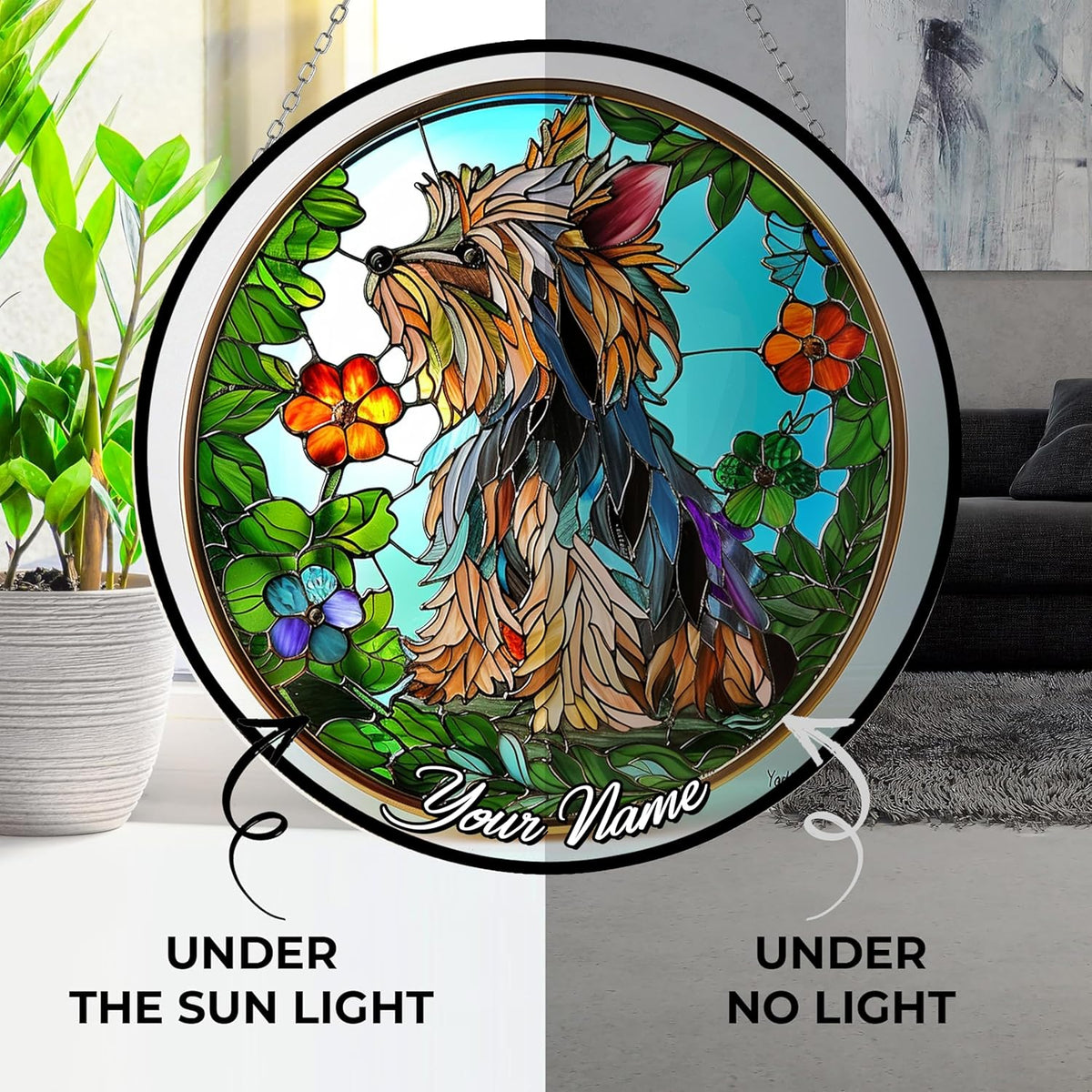 Customized Yorkie Stained Glass Suncather Window Hangings, Suncatchers Glass Panel Sun Catchers