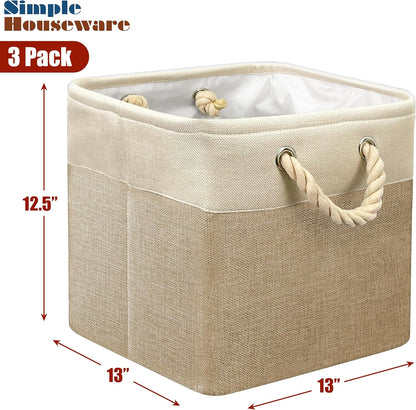 SIMPLE HOUSEWARE Fabric Storage Cubes, 13" x 13" Storage Bin, 3 Pack, Beige