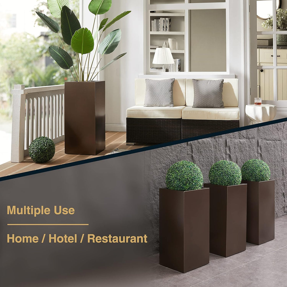 Large Planter for Outdoor Plant 14Lx14Wx30H Inches Metallic Heavy Tall Planter Box for Outdoor &